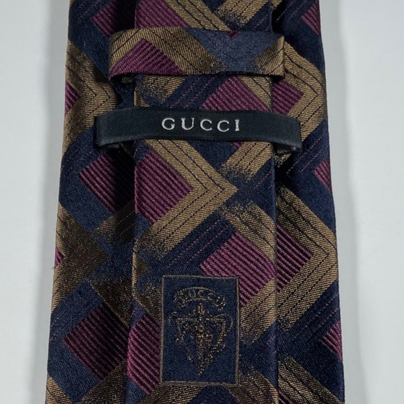 EUC Silk Gucci Tie In Burgundy, Gold & Black Geometric Diamond Pattern - Picture 5 of 8